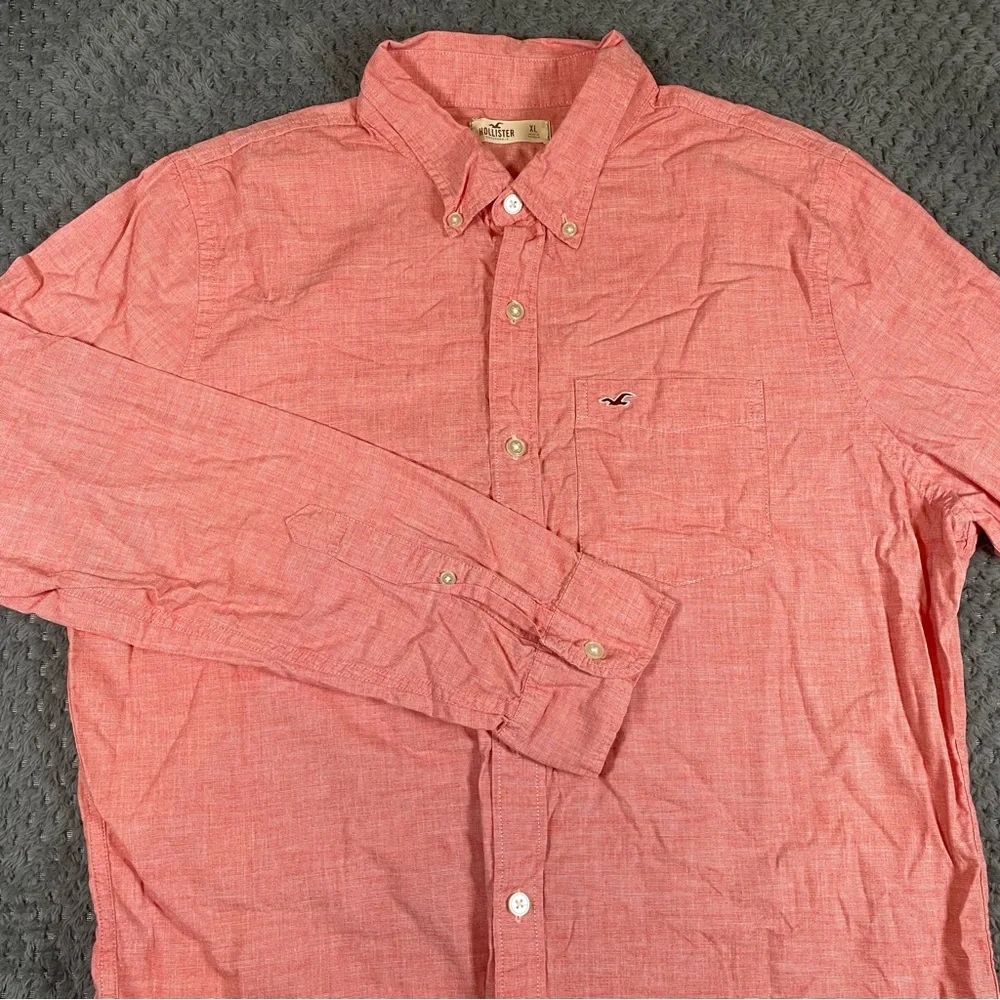 Hollister Men's Shirt Long Sleeve‎ Button Up Pink XL 100% Cotton Preppy Y2K Flaw